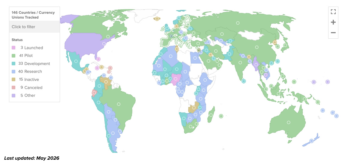 CBDC adoption map - 146 countries exploring CBDCs