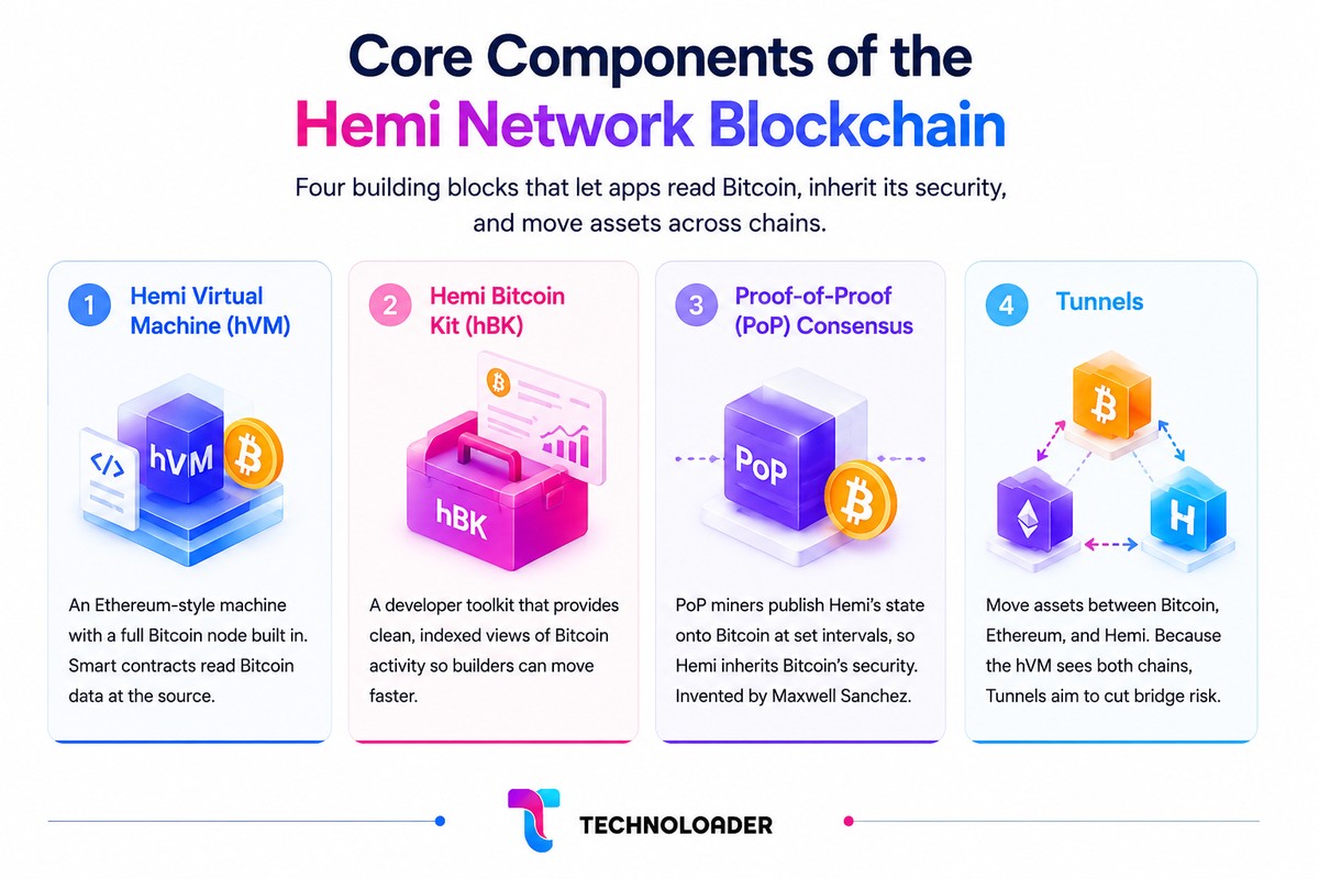 Core components of the Hemi Network blockchain: hVM, hBK, Proof-of-Proof and Tunnels
