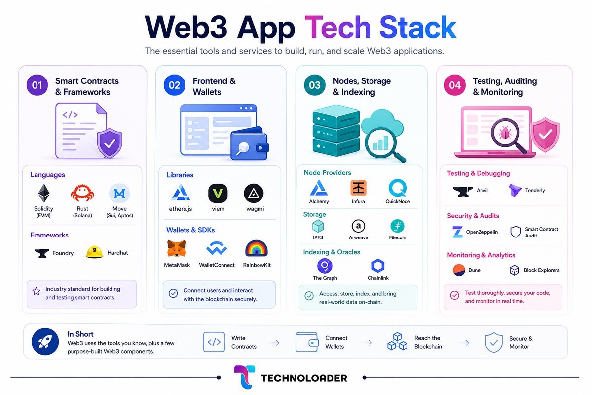 Web3 tech stack showing contract languages, frameworks, frontend libraries, wallet SDKs, node providers, storage, indexing, and audit tools