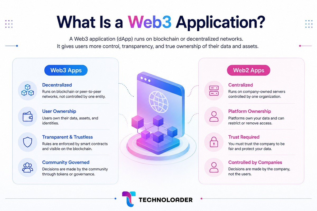 Web2 versus Web3 application comparison showing differences in data control, backend logic, accounts, payments, and trust model
