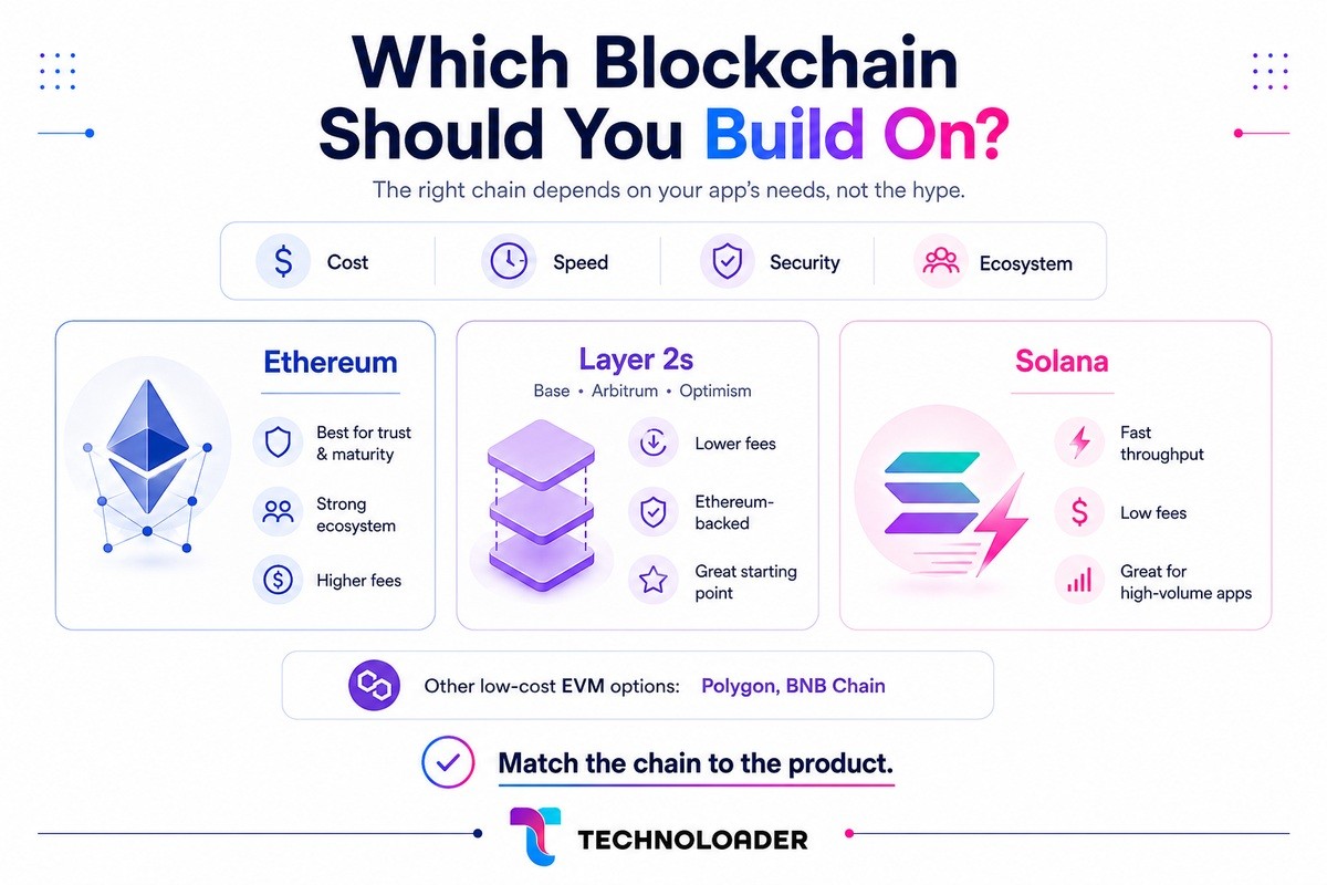 Choosing a blockchain for a Web3 app by comparing cost, speed, security, and ecosystem across Ethereum, Layer 2s, Polygon, Solana, and BNB Chain