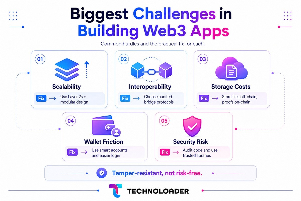 Biggest challenges in building Web3 apps including scalability, cross-chain interoperability, on-chain storage cost, wallet friction, and smart contract security risk