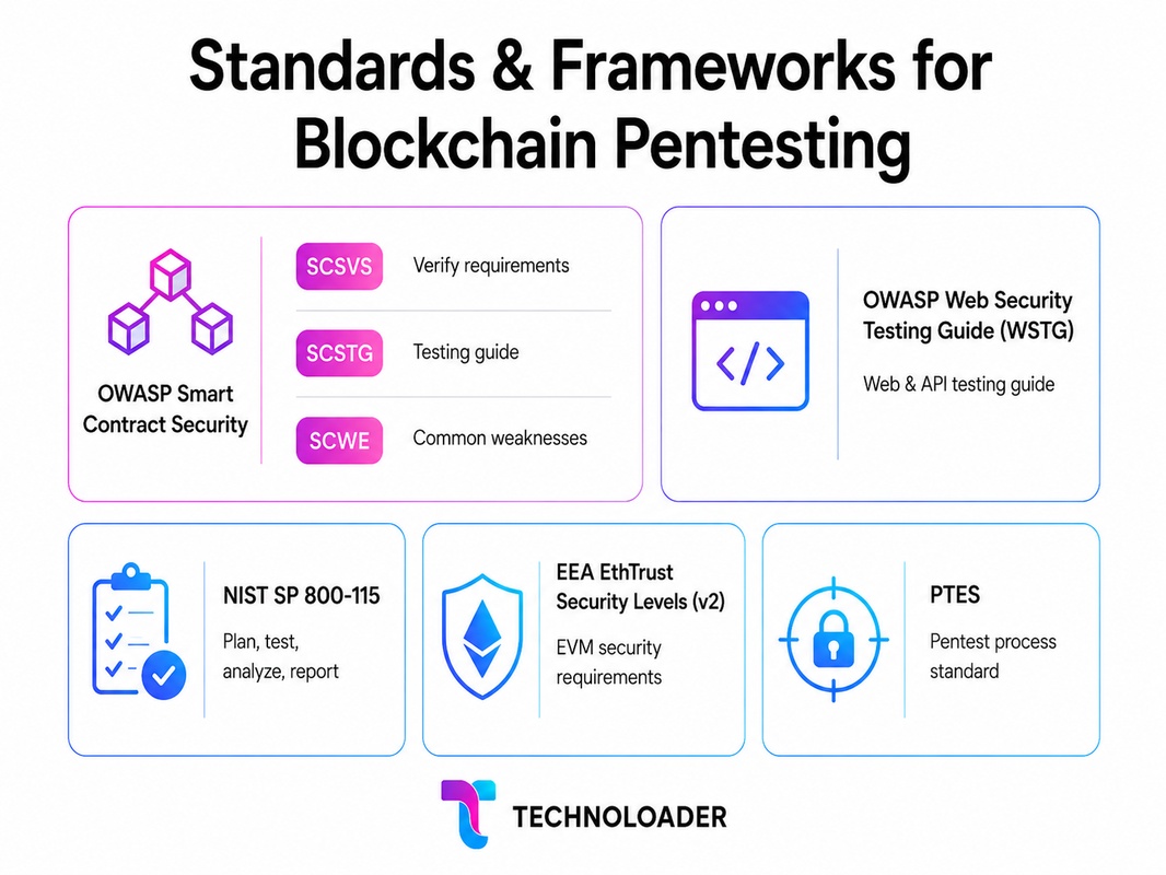 Standards and frameworks for blockchain pentesting including OWASP, NIST and PTES